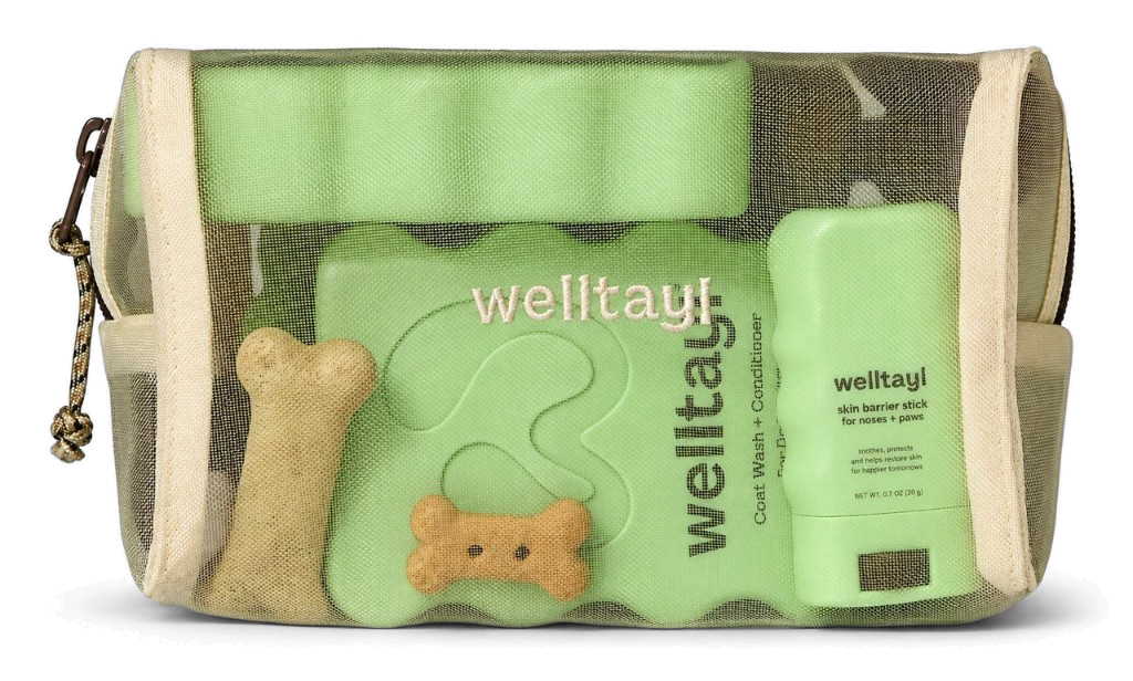 Welltayl mesh pouch with skin and coat products