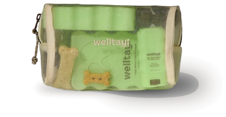 Welltayl mesh pouch with skin and coat products